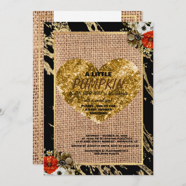 Invitation Baby Shower Fille Automne Citrouille Rustique Toil (Devant / Derrière)