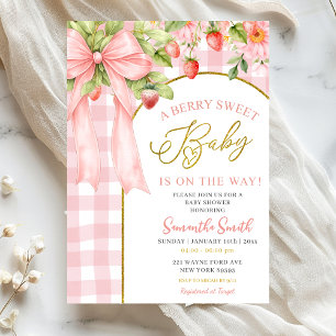 Invitation Baby Shower Fille aux Fraises à Ruban Rose