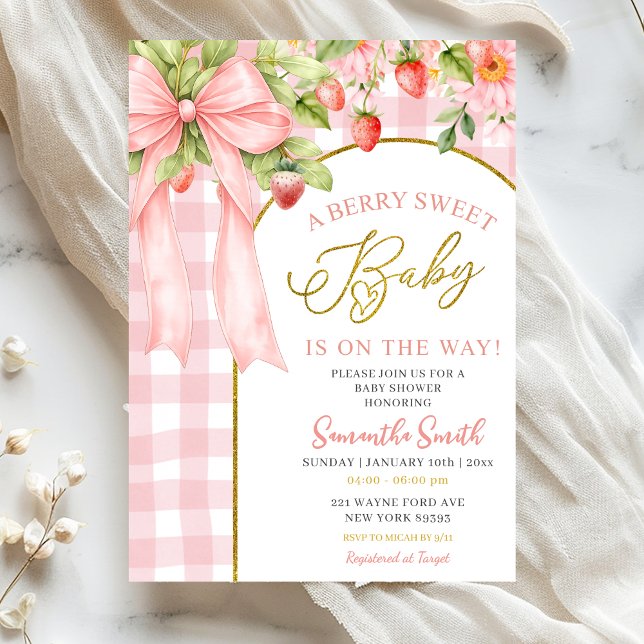 Invitation Baby Shower Fille aux Fraises à Ruban Rose (Créateur téléchargé)