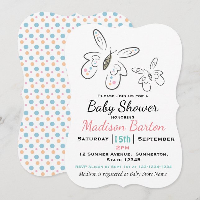 Invitation Baby shower fille aux papillons mignons et aux poi (Devant / Derrière)