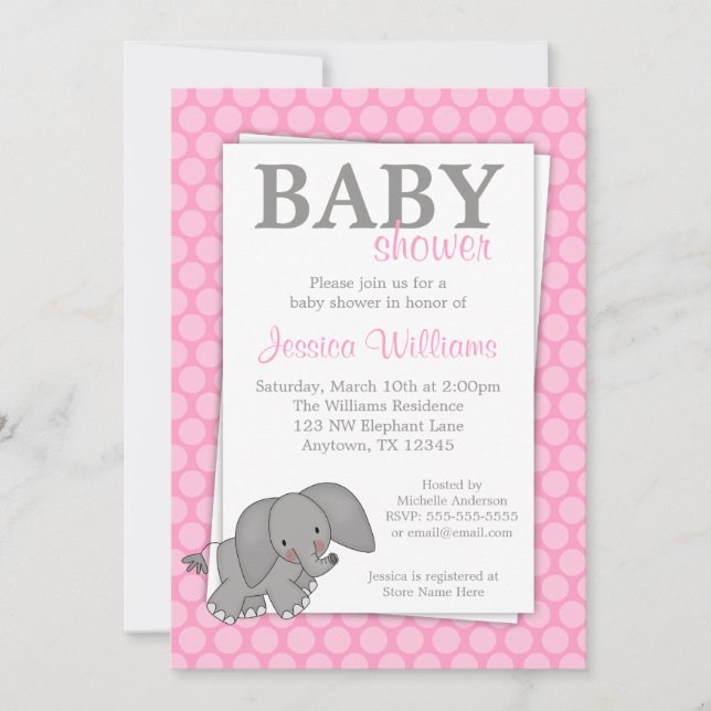 Invitation Baby shower fille aux points roses éléphants (Devant)