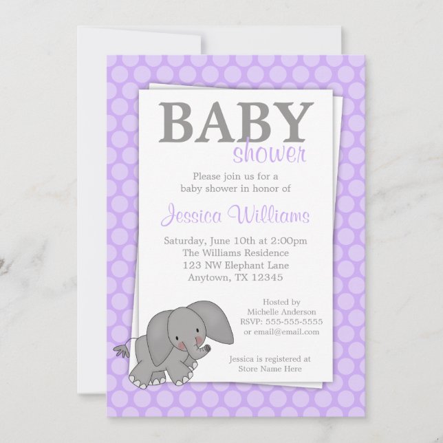 Invitation Baby shower fille aux points violets éléphant (Devant)