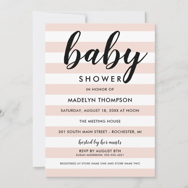 Invitation Baby Shower Fille aux Rayures Rose Pâle Moderne (Devant)