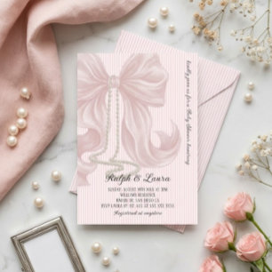 Invitation Baby Shower Fille avec Nœud Rose et Perle