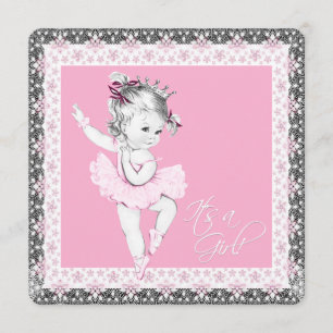 Invitation Baby Shower Fille Ballerine Rose et Gris