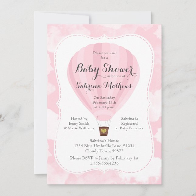 Invitation Baby shower Fille Balloon Rose Hot Air (Devant)