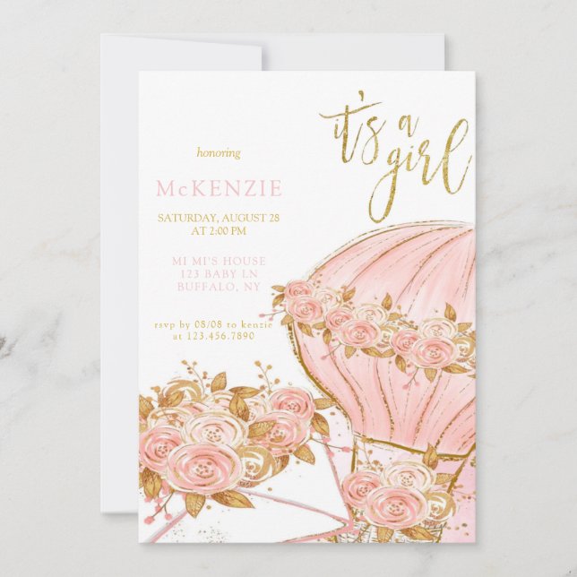 Invitation Baby shower Fille Balloon Rose Peony (Devant)