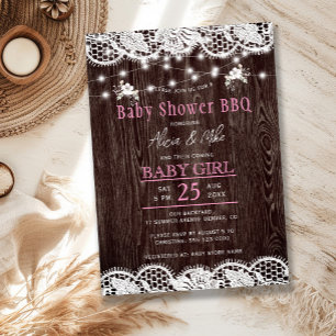 Invitation Baby shower fille BBQ bois rustique
