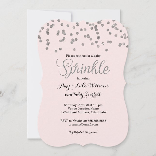 Invitation Baby Shower Fille Bébé Paillettes Argen (Devant)