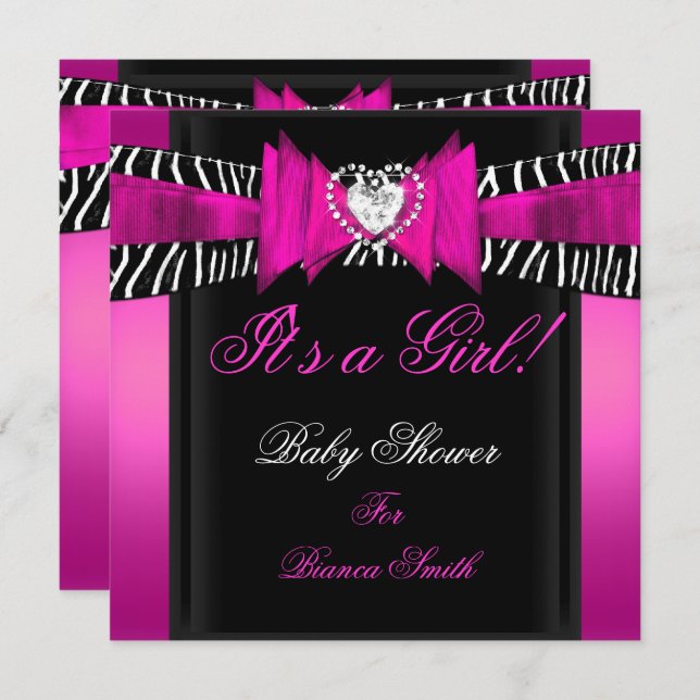 Invitation Baby shower fille bébé rose chaud Zèbre noir (Devant / Derrière)