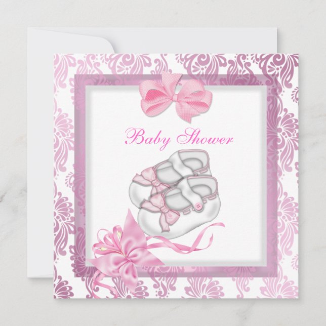 Invitation Baby shower fille bébé rose Chaussures Damas blanc (Devant)