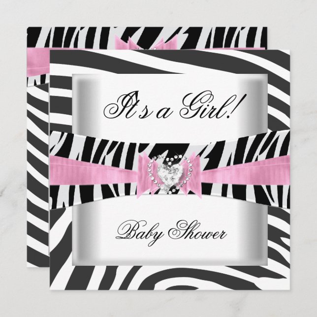 Invitation Baby shower fille bébé rose noir blanc Zèbre (Devant / Derrière)