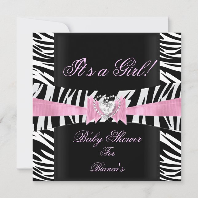 Invitation Baby shower fille bébé rose noir blanc Zèbre (Devant)