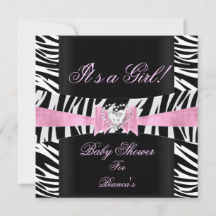 Invitation Baby shower fille bébé rose noir blanc Zèbre