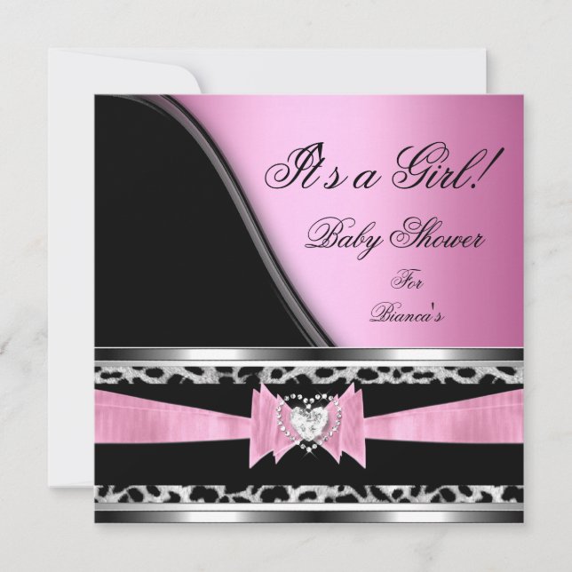 Invitation Baby Shower Fille Bébé Rose Noir Léopard (Devant)