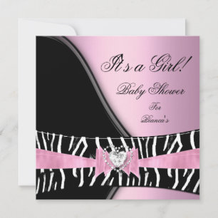 Invitation Baby shower fille bébé rose noir Zèbre