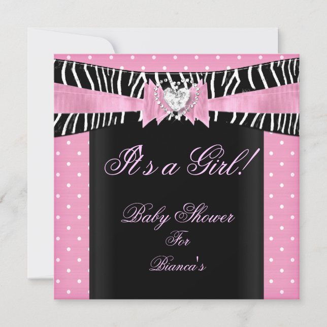 Invitation Baby shower fille bébé rose noir Zèbre pois (Devant)