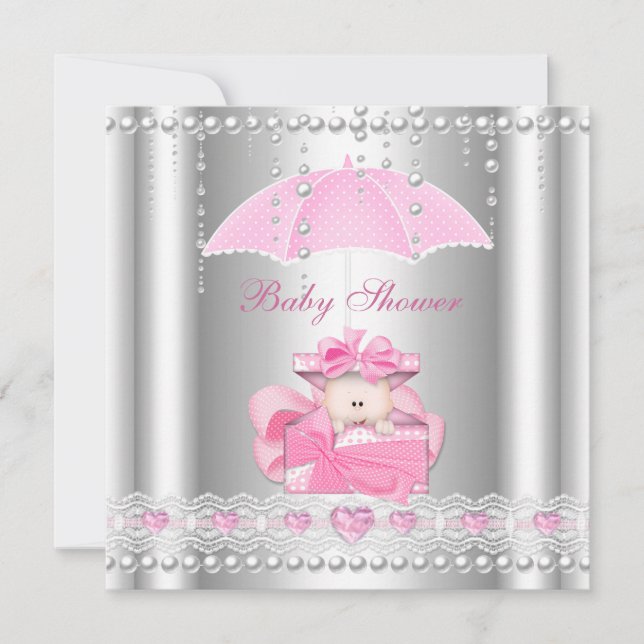 Invitation Baby Shower Fille Bébé Rose Orageux Perle Argent (Devant)