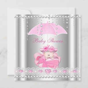 Invitation Baby shower fille bébé rose parapluie Pearl argent