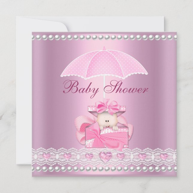 Invitation Baby shower fille bébé rose parapluie Pearl blanc (Devant)