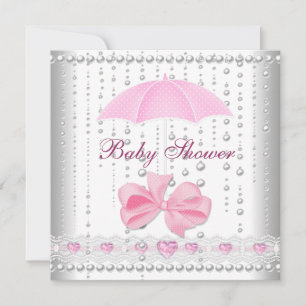 Invitation Baby Shower Fille Bébé Rose Parapluie Perle Blanch