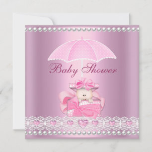 Invitation Baby Shower Fille Bébé Rose Parapluie Perle Blanch