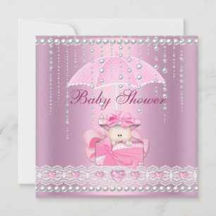 Invitation Baby Shower Fille Bébé Rose Parapluie Perle Blanch