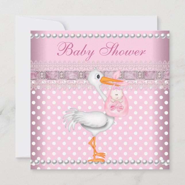 Invitation Baby shower fille bébé rose tache Pearl Stork (Devant)