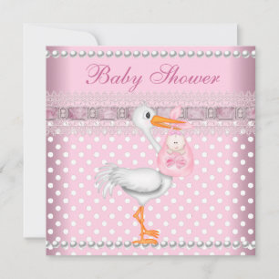 Invitation Baby Shower Fille Bébé Rose Tache Perle Cigogne