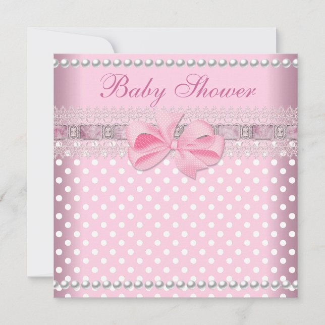 Invitation Baby shower fille bébé rose tache perle dentelle (Devant)