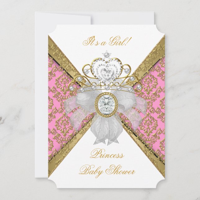 Invitation Baby Shower Fille Blanc Rose Princesse Damask 2 (Devant)