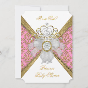 Invitation Baby Shower Fille Blanc Rose Princesse Damask 2