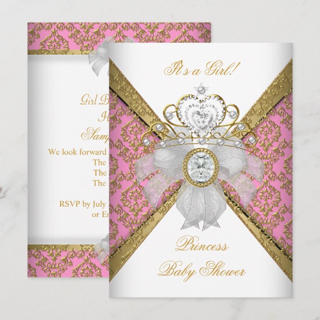 Invitation Baby Shower Fille Blanc Rose Princesse Damassé (Devant / Derrière)