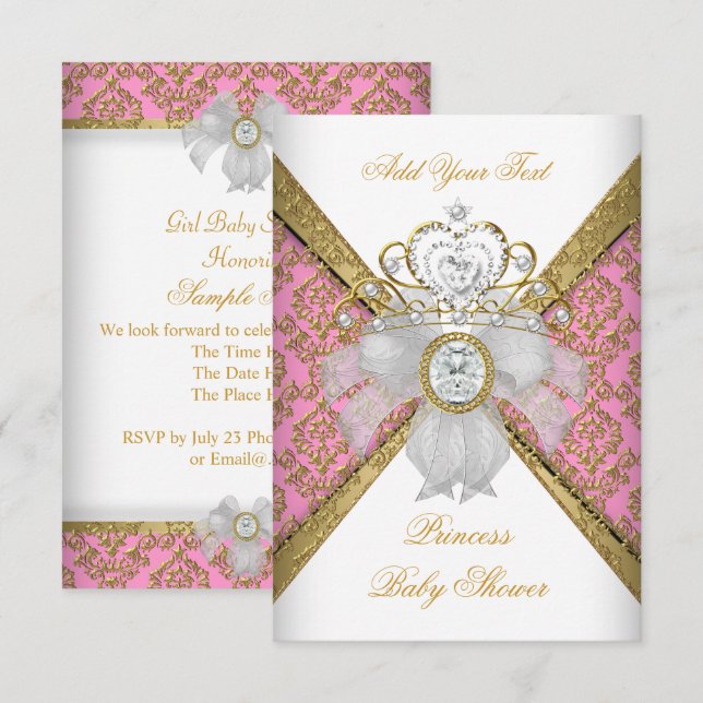 Invitation Baby Shower Fille Blanc Rose Princesse Damassé (Devant / Derrière)