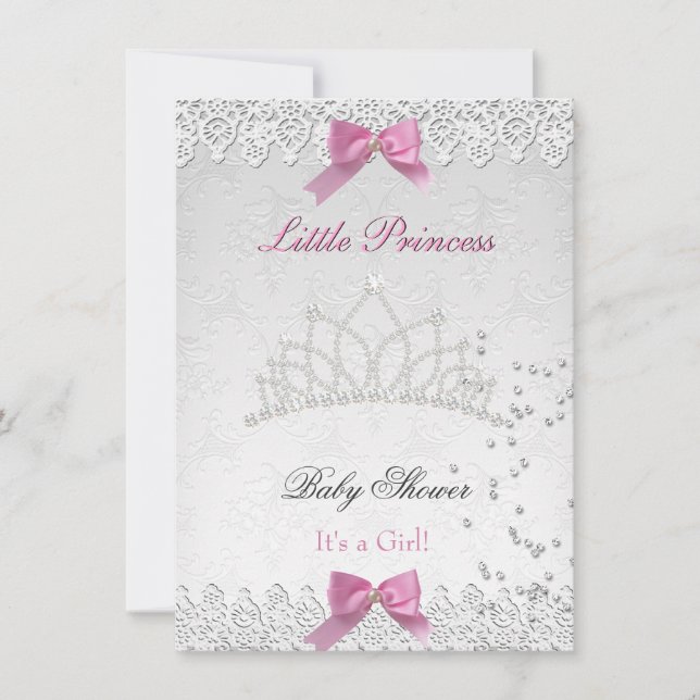Invitation Baby Shower Fille Blanc Rose Princesse Damassé 2 (Devant)