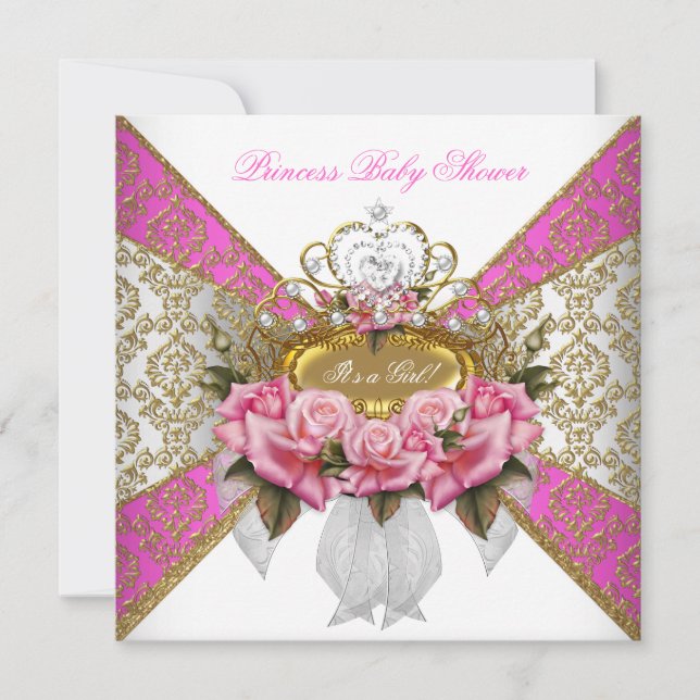 Invitation Baby Shower Fille Blanc Rose Princesse Damassé 2 (Devant)