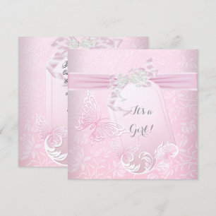 Invitation Baby shower Fille Blanc Rose Princesse Papillon