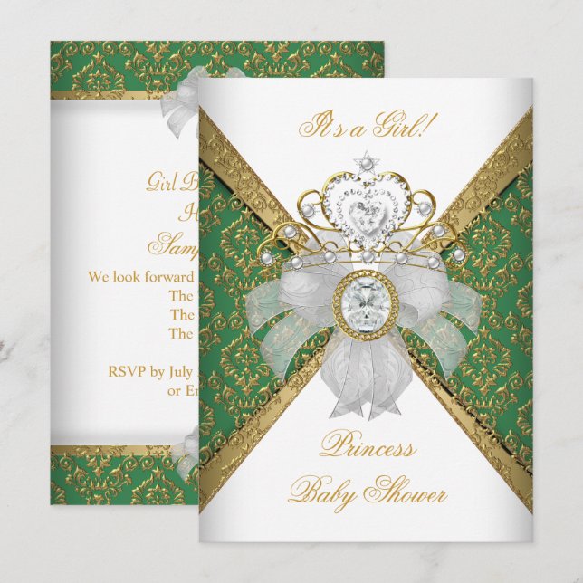Invitation Baby Shower Fille Blanc Vert Princesse Damassé (Devant / Derrière)