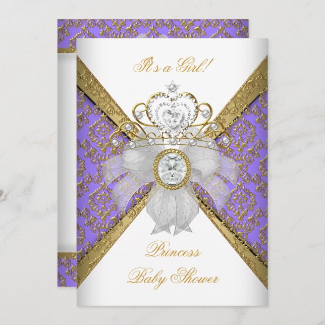 Invitation Baby shower fille blanc violet princesse Damas (Devant / Derrière)