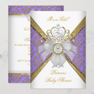Invitation Baby Shower Fille Blanc Violet Princesse Damassé