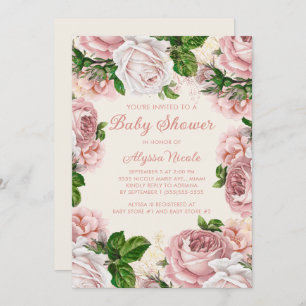 Invitation Baby shower Fille Blanche Rose rose