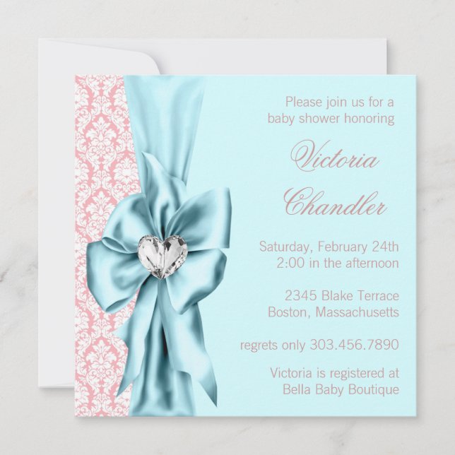 Invitation Baby Shower Fille Bleu Sarcelle Rose Élégant (Devant)
