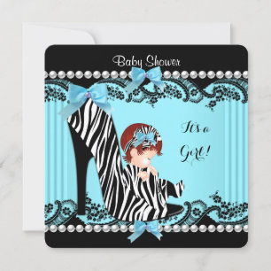 Invitation Baby Shower Fille Bleu Sarcelle Zèbre Cheveux Roug
