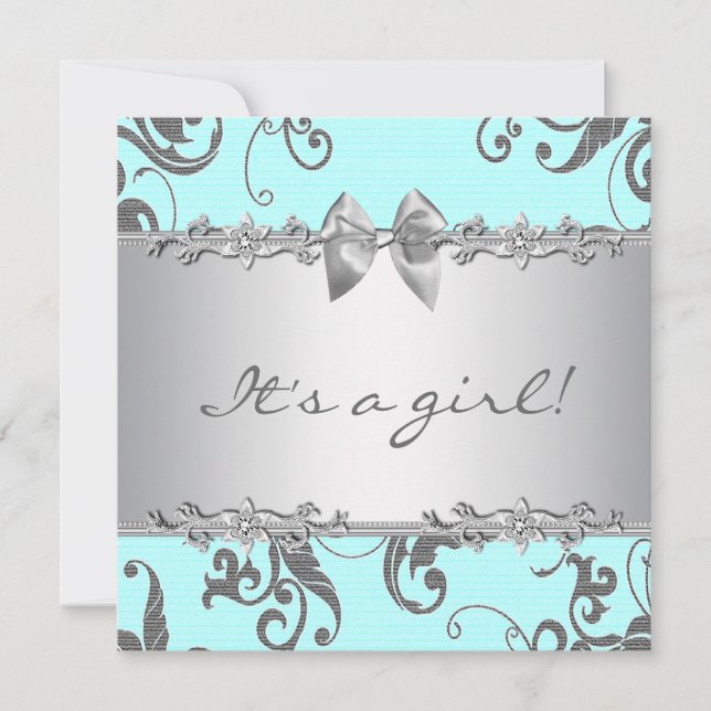 Invitation Baby Shower Fille Bleu Turquoise Argent (Devant)