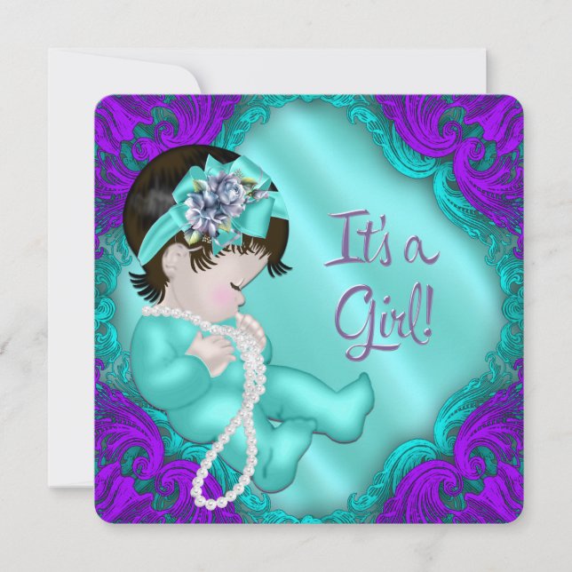 Invitation Baby Shower Fille Bleu Turquoise et Violet (Devant)