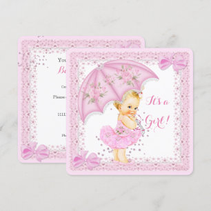 Invitation Baby Shower Fille Blonde Parapluie Rose Poudré