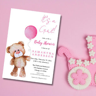 Invitation Baby shower Fille Blonde Rose Ours Teddy