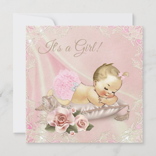 Invitation Baby Shower Fille Blonde Rose Pâle (Devant)