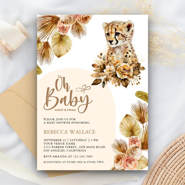 Invitation Baby Shower Fille Bohème Florale Rustique Guépard (Créateur téléchargé)