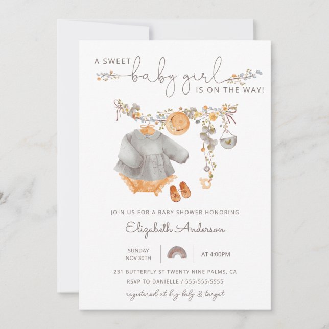 Invitation Baby shower fille Boho Clothes (Devant)
